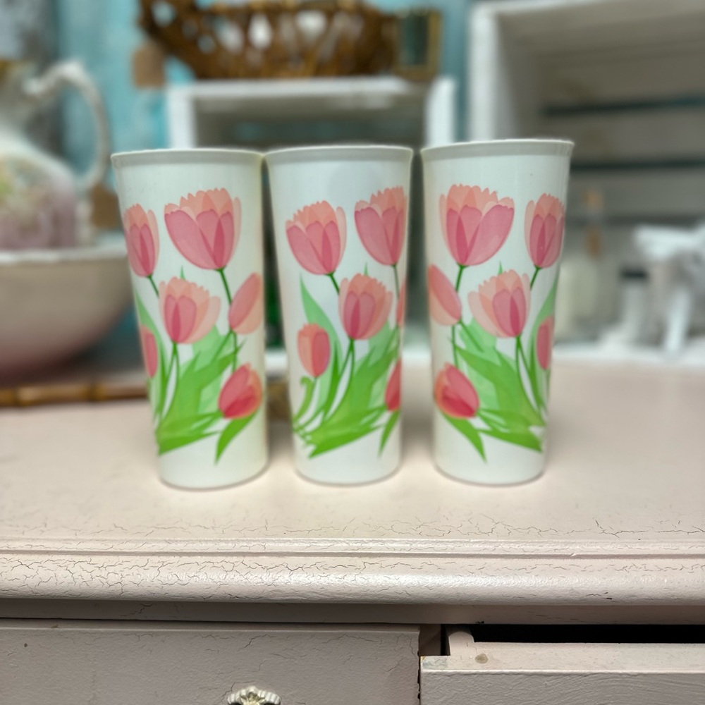 Vintage Tupperware Pink Tulip Ceramic Tumblers (Set of 3)